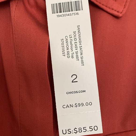 NWT Beautiful Sandwash Satin Chicos Shirt - Chico’s size 2 - Picture 2 of 4